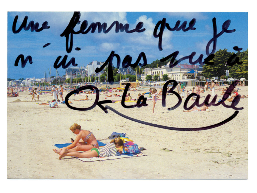 Claude Closky, ‘Une femme que je n’ai pas vue à La Baule [A woman I haven’t seen in La Baule],’ 1995, black felt pen on postcard, 10,5 x 15 cm.